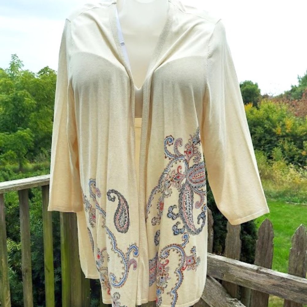 NWT J. Jill Cardigan Plus Size 4X  Cream Paisley Knit Cotton Open Front Sweater